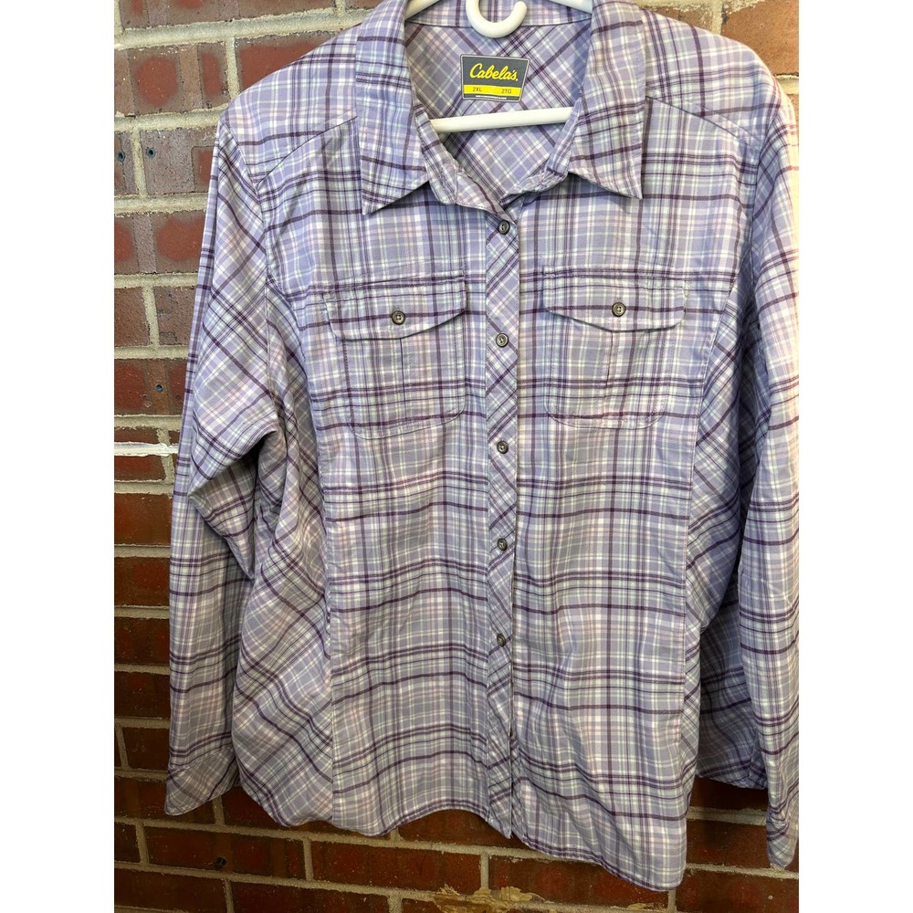 Mens XLARGE CABELAS Purple Plaid Button Down Long Sleeve Flannel Shirt Workshirt